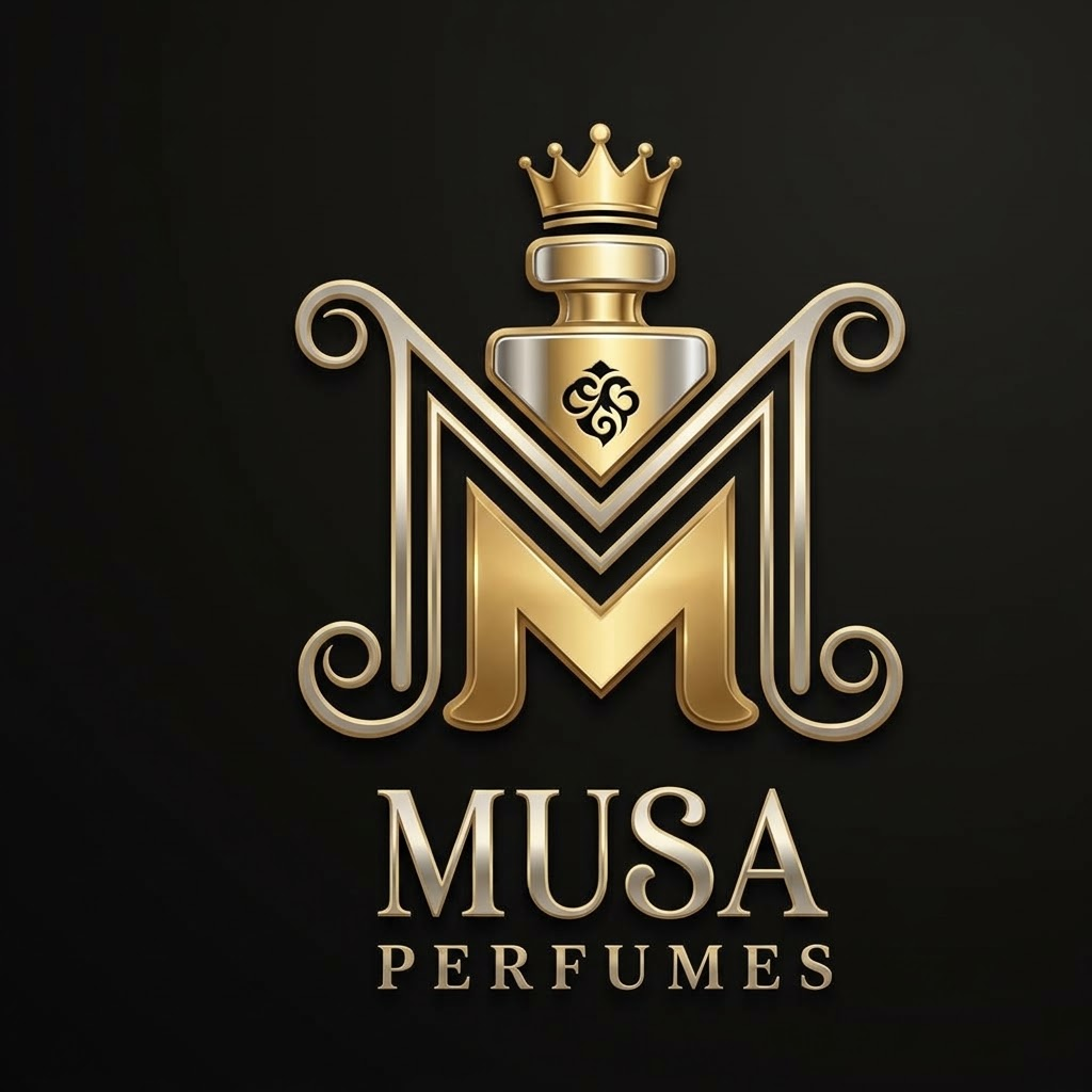 "Official emblem of Musa Perfumes featuring an ornate golden monogram 'M', royal crown, perfume bottle flask, and elegant serif typography."